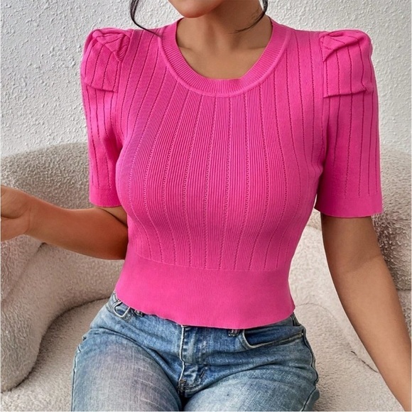 Pink Ribbed Fitted Short Sleeve Blouse - Picture 2 of 3